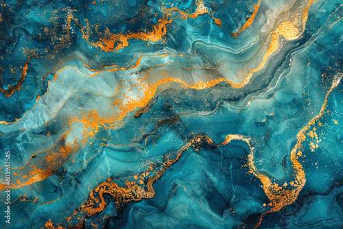Luxurious turquoise and deep blue marble texture with intricate gold veins. Abstract marble wallpaper background.