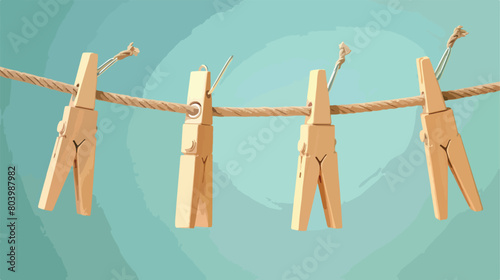 Wooden clothespins hanging on rope against color background photo