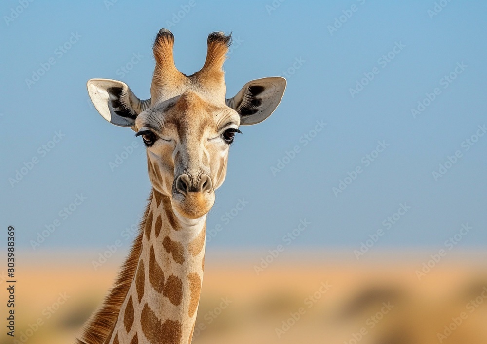 Fototapeta premium Close-up Portrait of a Giraffe against a Blue Sky and Savannah Background