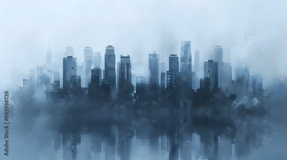 Obscured City Skyline Reflecting Environmental Challenges Amid Monochromatic Hues of Smog and Mist