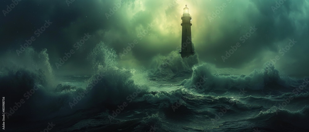Guiding light: A lighthouse standing tall amidst turbulent waves, leading lost souls to safety.