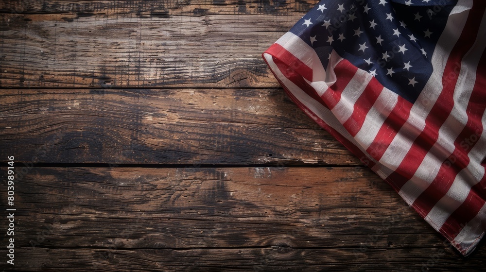 United States flag laying on a textured wooden surface, showcasing deep patriotic pride in a close-up shot