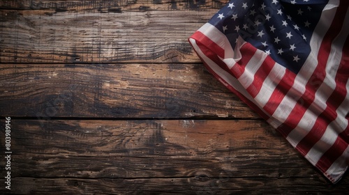 United States flag laying on a textured wooden surface, showcasing deep patriotic pride in a close-up shot