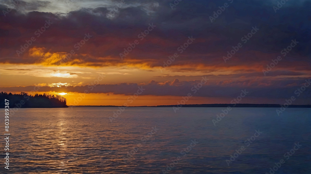 Beautiful Golden Hour Sunset with Cloudy Sky Over Calm Lake Beautiful Golden Hour Sunset with Cloudy Sky Over Calm Lake