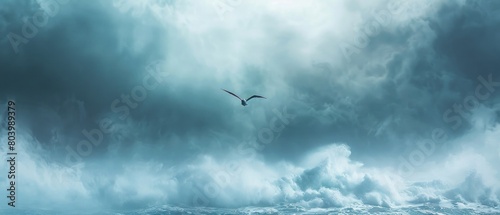 Harmony in chaos: A lone bird soaring amidst stormy clouds, finding peace amidst turmoil.
