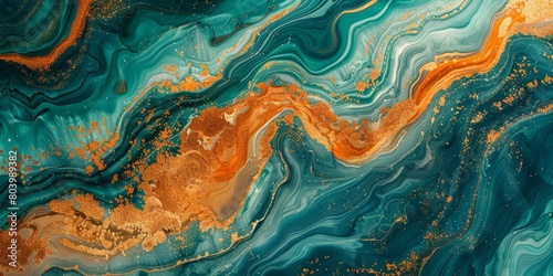 Flowing Modern Acrylic Pour Wallpaper in Beautiful Teal and Orange colors. Liquid texture with Gold Glitter.