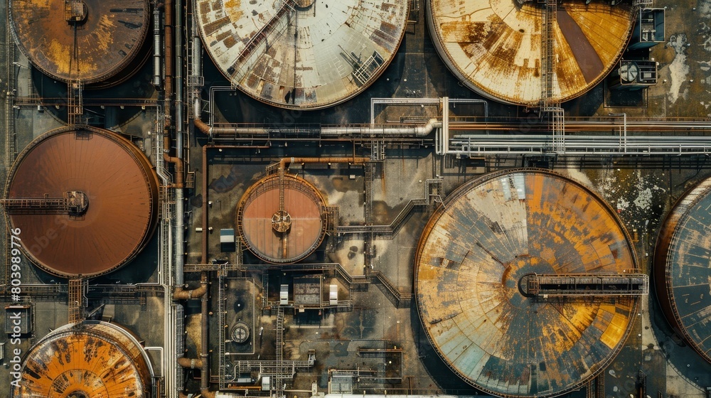 Fototapeta premium Top view of a vast industrial landscape featuring an array of large tanks, contrasting modern, sleek lids with weathered, vintage ones