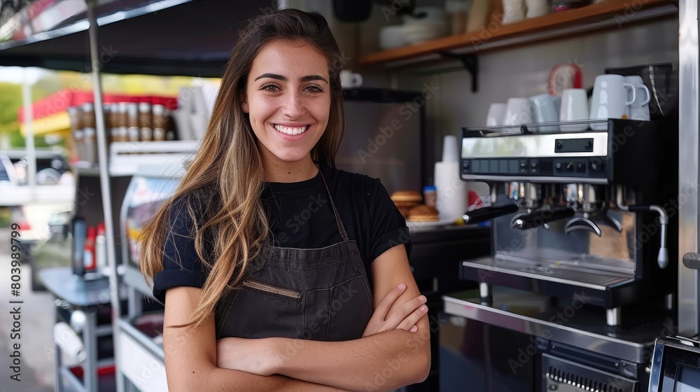 A smiling woman stands in front of a coffee shop counter A smiling woman stands in front of a coffee shop counter