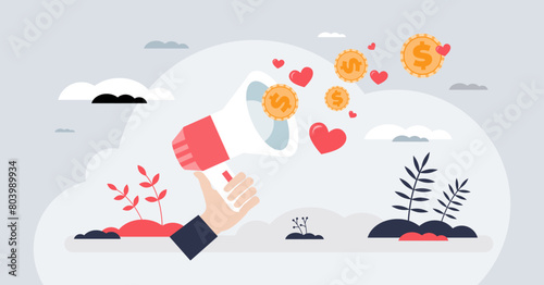 Nonprofit fundraising project with financial aid tiny person hands concept. Support awareness for money raising vector illustration. Philanthropy and public charity project for poor social groups.