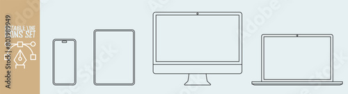 Computer and phone mockup set with desktop, laptop and tablet. icons set.