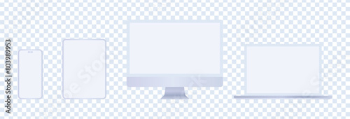 White computer and phone mockup set with desktop, laptop and tablet. Realistic clay electronic device set in front view, pc screen, open notebook, pad and mobile display isolated on grey background.