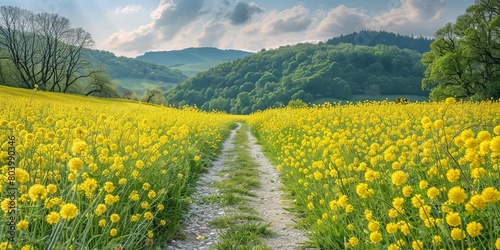 Footpath through yellow rapeseed flowers in a field in spring