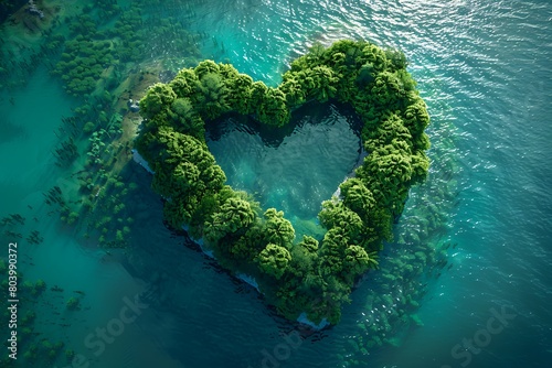 Create a lush, heart-shaped island surrounded by crystal-clear waters, with rich greenery and dense forests © antusher