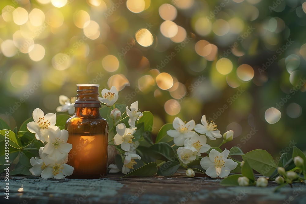 a small amber glass bottle with a wooden cap filled with essential oil, placed on a rustic wooden surface