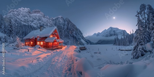 Twilight illuminating a cozy mountain lodge nestled in a snowy landscape, with alpine peaks in the background