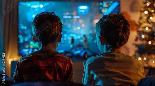 Rear view of two young kid boys looking at the TV or playing on a console in their house