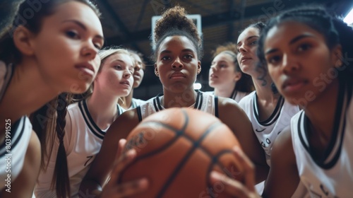 Closeup of motivated female basketball players holding the ball together
