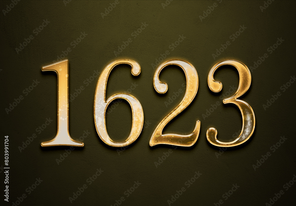 Old gold effect of 1623 number with 3D glossy style Mockup.	
