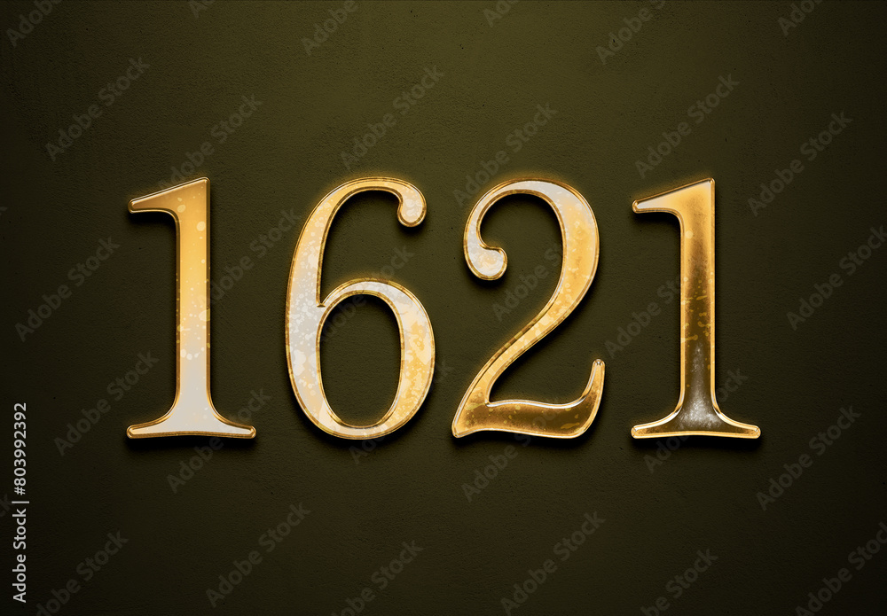 Old gold effect of 1621 number with 3D glossy style Mockup.	