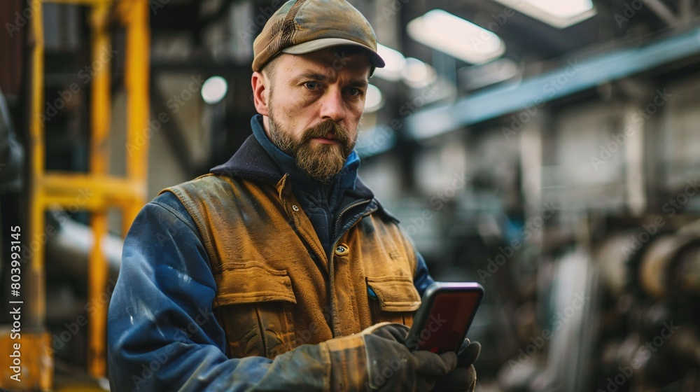 A portrait of an industrial man engineer with smartphone in a factory, working. A portrait of an industrial man engineer with smartphone in a factory, working.