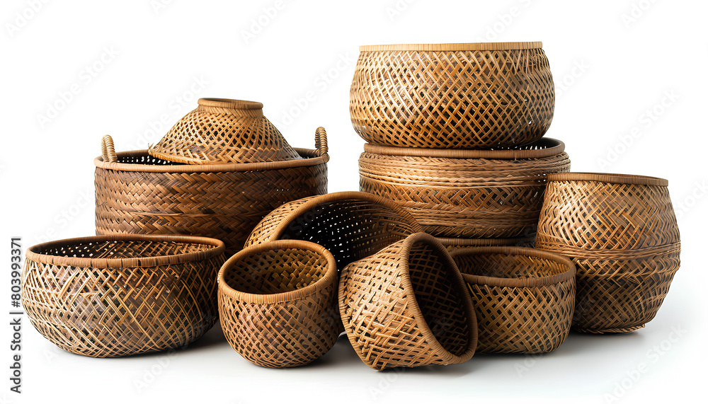 set of stylish rattan baskets on white background set of stylish rattan baskets on white background