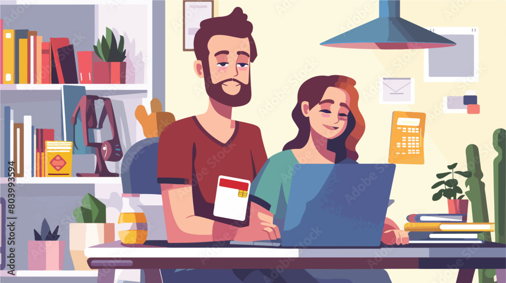 Young couple with laptop and credit card at home. 