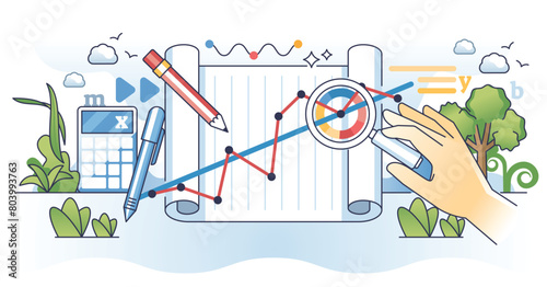 Data visualization tools and statistic information research outline concept. Analyzing presentation with financial charts, graphs and line diagrams for economical forecasting vector illustration.