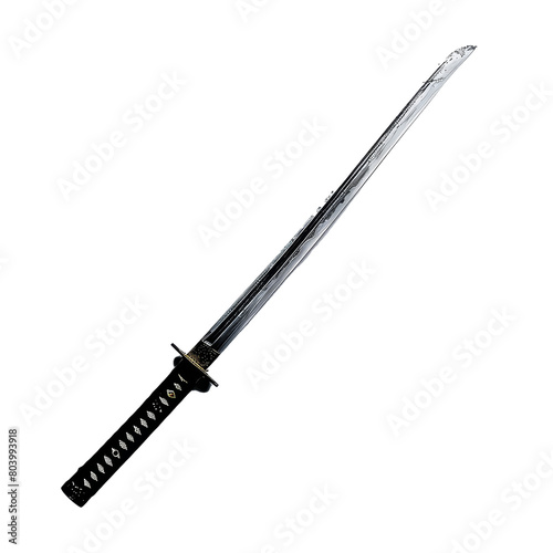 A long, thin, silver sword with a black handle