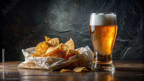 Homemade potato chips on kraft paper with a glass of cold fresh beer. Pint of beer with snacks, a social and inviting scene.