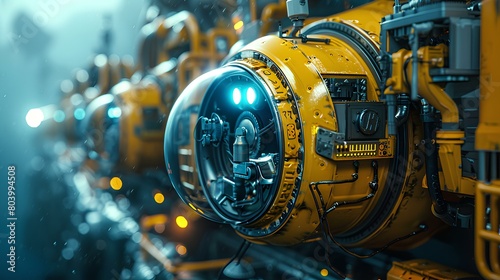 close-up,a subaquatic production line, where oceanic factory machinery seamlessly integrates with sophisticated underwater construction techniques, pushing the boundaries of what is possible beneat photo