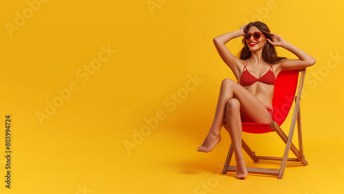 Studio photo of a beautiful girl in a red swimsuit and sunglasse