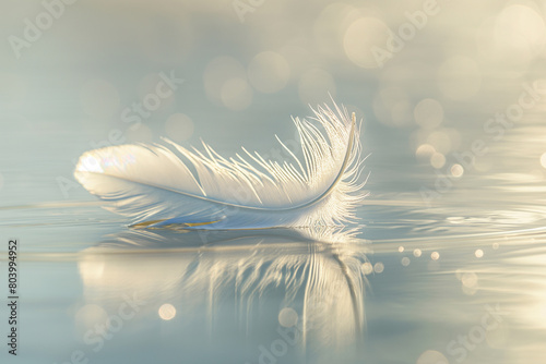 White feather floating on calm water surface in morning light