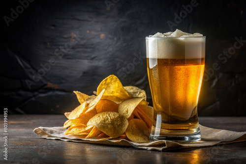 Light beer in a glass with chips on a linen tablecloth. photo