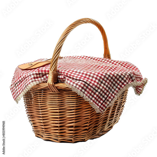 A basket with a checkered cover and a brown strap