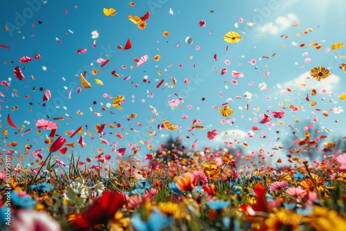 An idyllic image of wildflowers bathed in sunlight with confetti scattered in the air, evoking a natural celebration