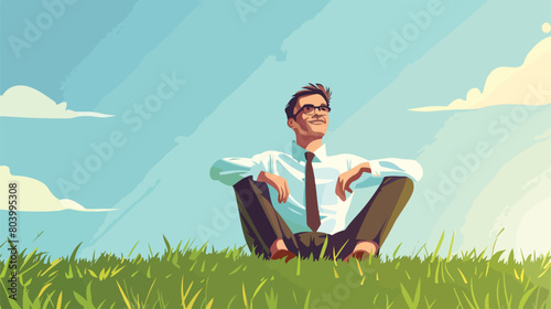 Young man in formal clothes relaxing on green grass 