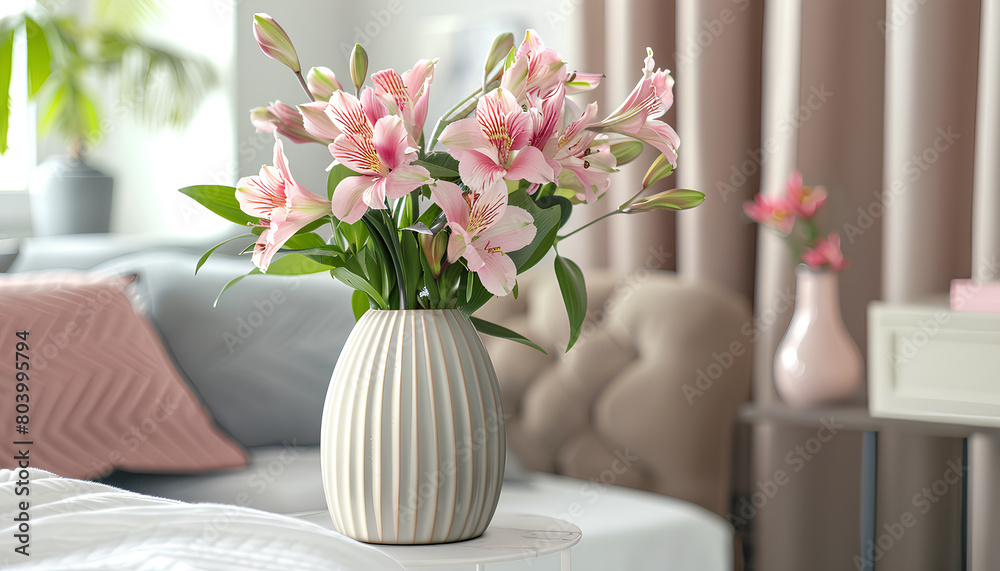 Vase with beautiful alstroemeria flowers and decor on bedside table in bedroom Vase with beautiful alstroemeria flowers and decor on bedside table in bedroom