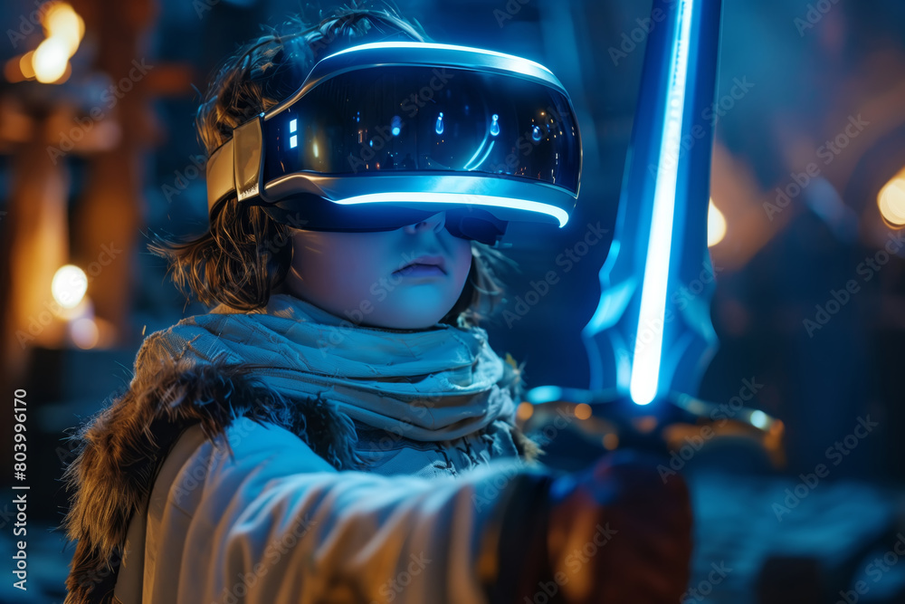 Boy donned in a protective helmet is wielding a sharp sword, ready for battle in a virtual reality game setting Boy donned in a protective helmet is wielding a sharp sword, ready for battle in a virtual reality game setting