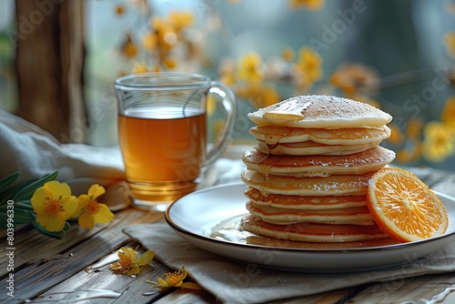 Russian cuisine. Tasty pancakes with honey and white cup of tee on a table on sunny day. Breakfast time concept photo