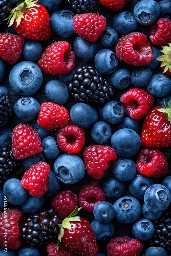 A cluster of raspberries and blueberries grouped closely together A cluster of raspberries and blueberries grouped closely together