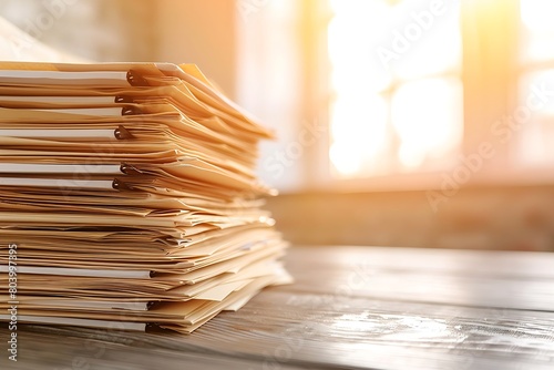 a neatly stacked pile of documents and folders with visible tabs, sitting on a polished wooden desk photo