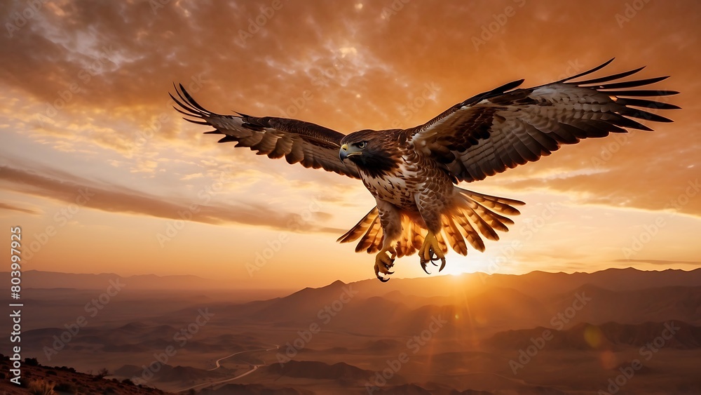 Beautiful golden eagle flying in the sky at sunset. Eagle in flight Beautiful golden eagle flying in the sky at sunset. Eagle in flight