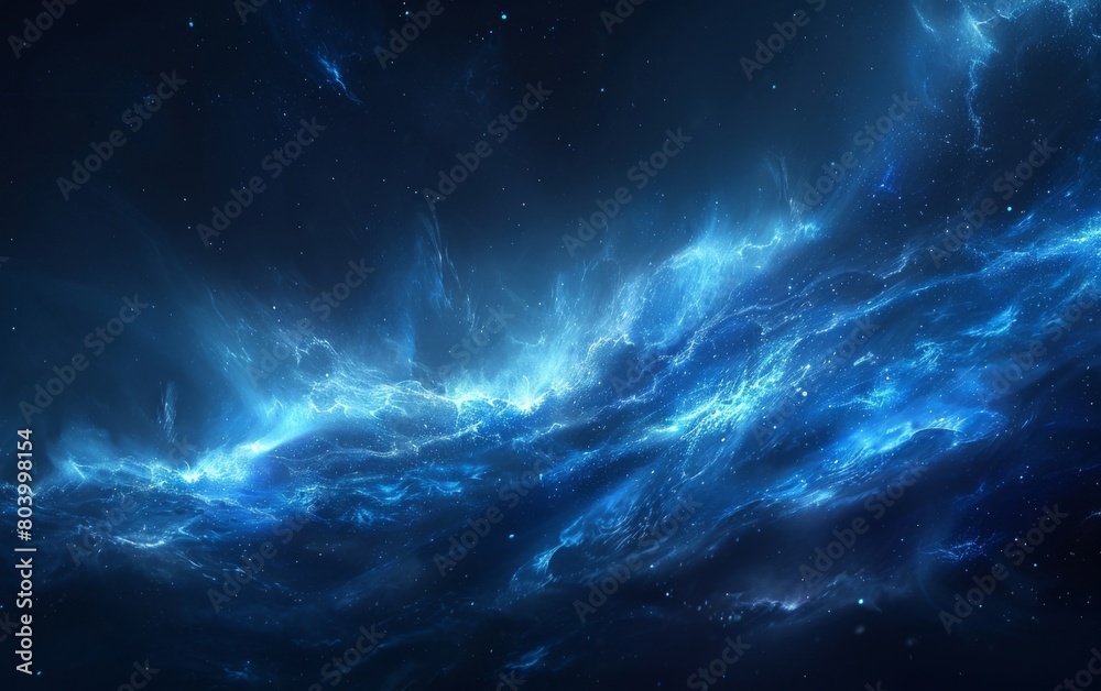 Mystical blue nebula with glowing cosmic dust and stars, depicting an epic sci-fi galaxy scene for backdrop or wallpaper use