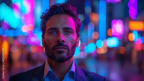 Confident young middle eastern businessman poses for the camera against a vibrant, neon-lit urban backdrop at night