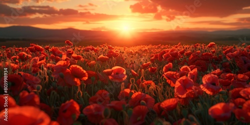 Breathtaking landscape of a poppy field at sunset with the sun dipping low on the horizon  casting a warm glow over the vibrant red flowers