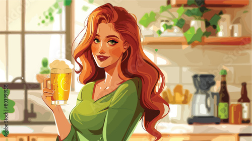 Young redhead woman with beer at home. St. Patricks