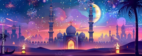 ramadan kareem eid mubarak royal elegant lamp with mosque holy gate with fireworks.