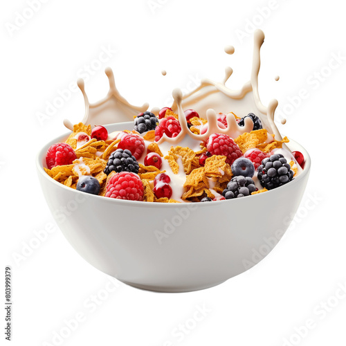 Happy meal breakfast with corn flakes and mix berry with milk splash in white bowl isolated on transperent  background. photo