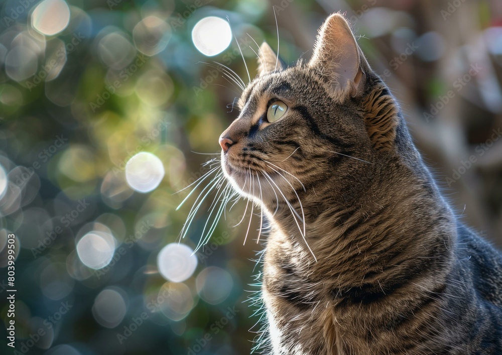 Majestic Tabby Cat Gazing with Bokeh Background in Natural Light Majestic Tabby Cat Gazing with Bokeh Background in Natural Light
