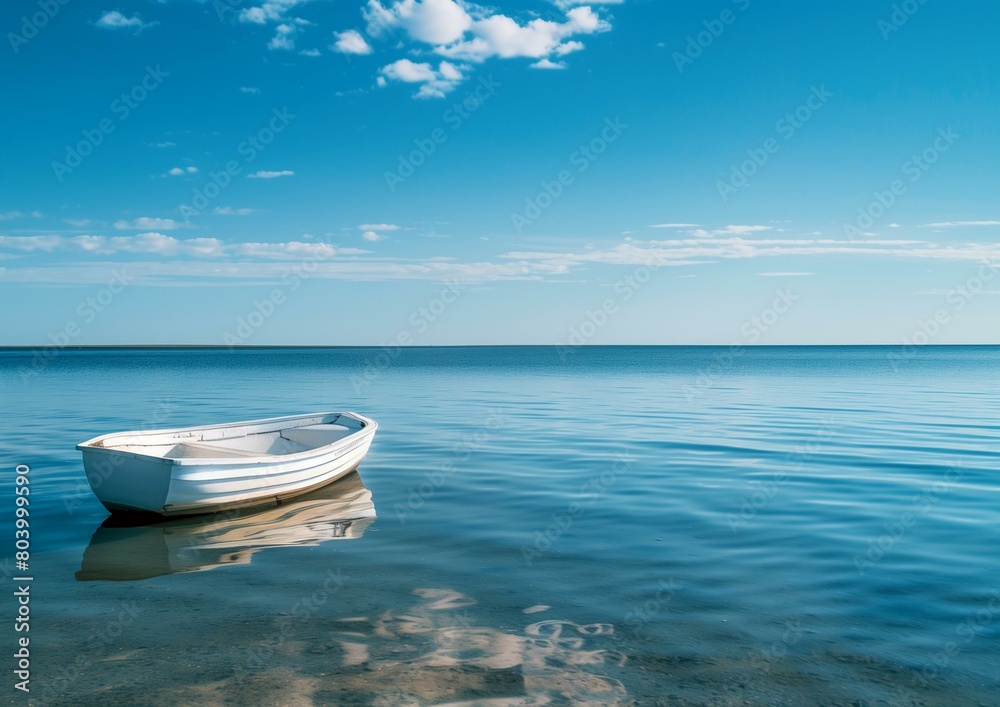 Serene Seascape with Solitary White Boat on Calm Blue Ocean Waters Serene Seascape with Solitary White Boat on Calm Blue Ocean Waters